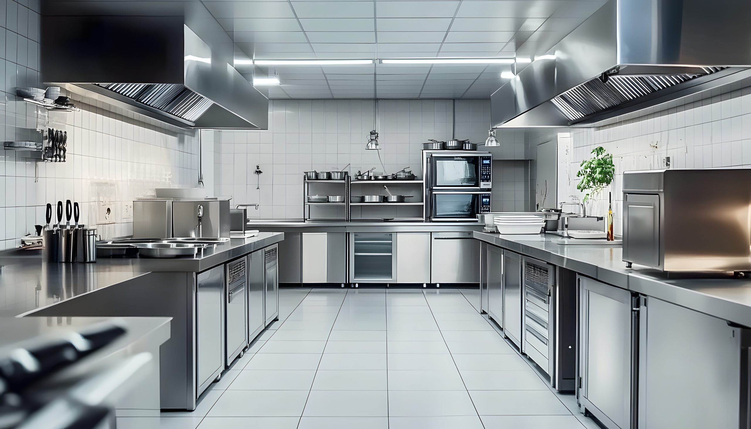 State-of-the-art empty restaurant kitchen featuring modern professional equipment, stainless steel counters, and industrial appliances designed for high-capacity culinary operations and