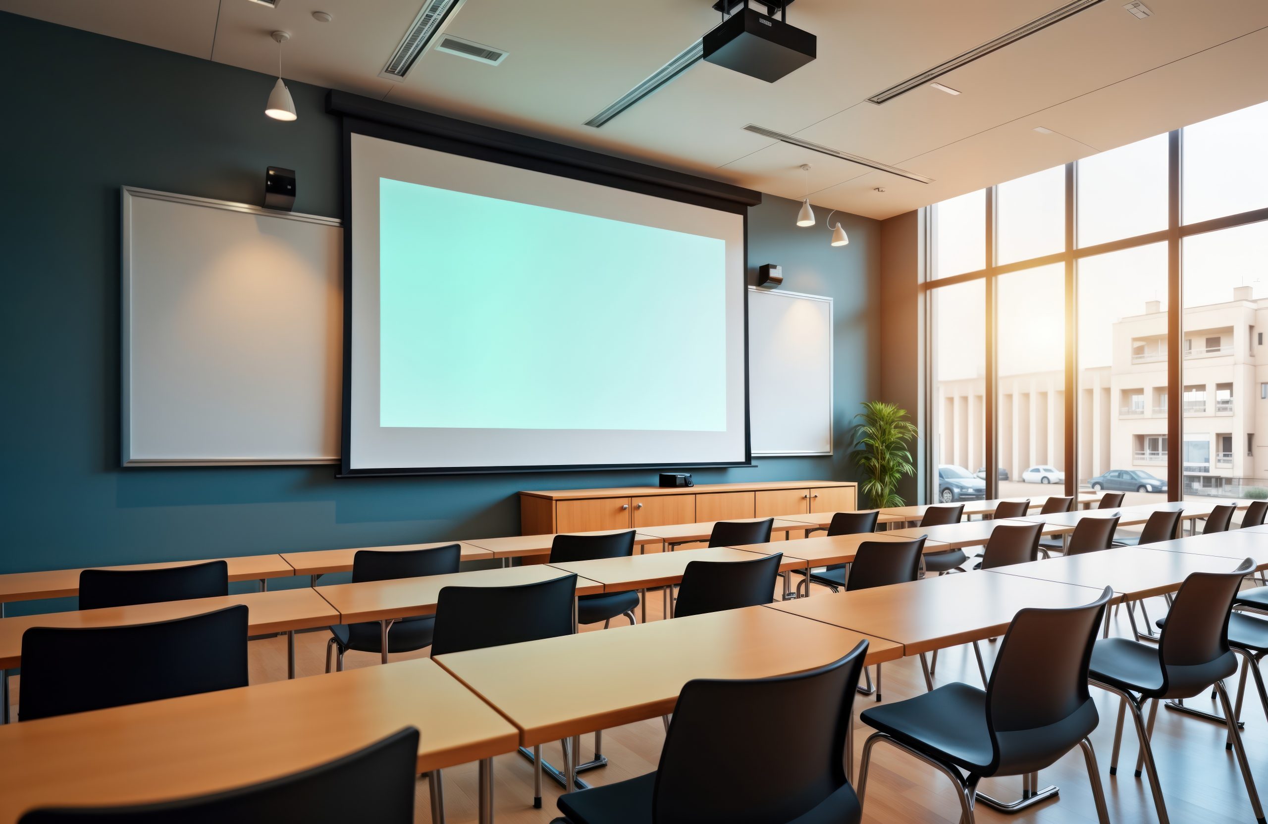 Modern classroom interior. Empty desks, chairs arranged in rows facing large projector screen, TVs. Bright, clean. Suitable for educational purposes. Ideal for presentations lectures. Roomy space