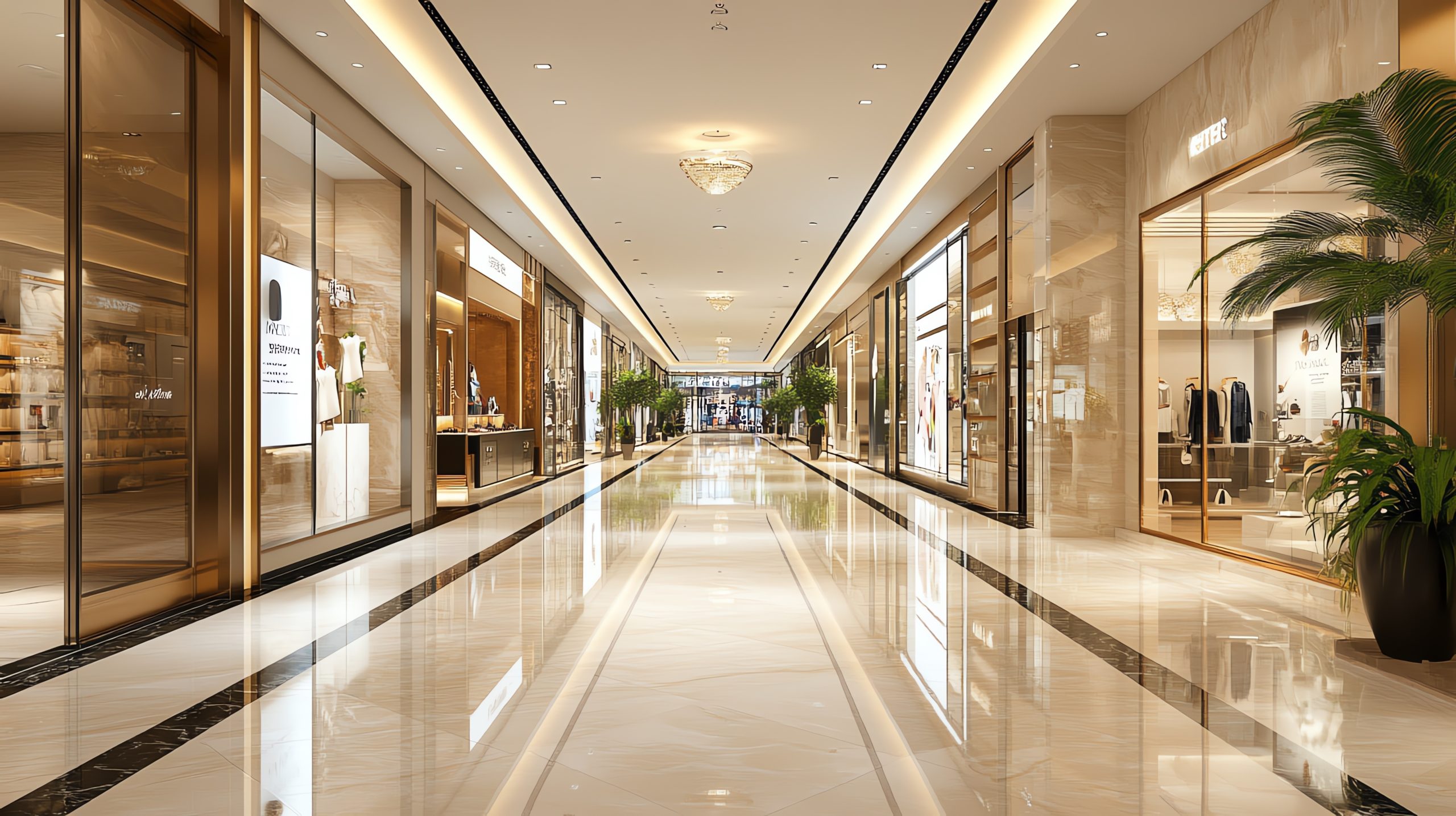 Modern shopping mall interior with elegant lighting and polished floors, showcasing luxury retail spaces.