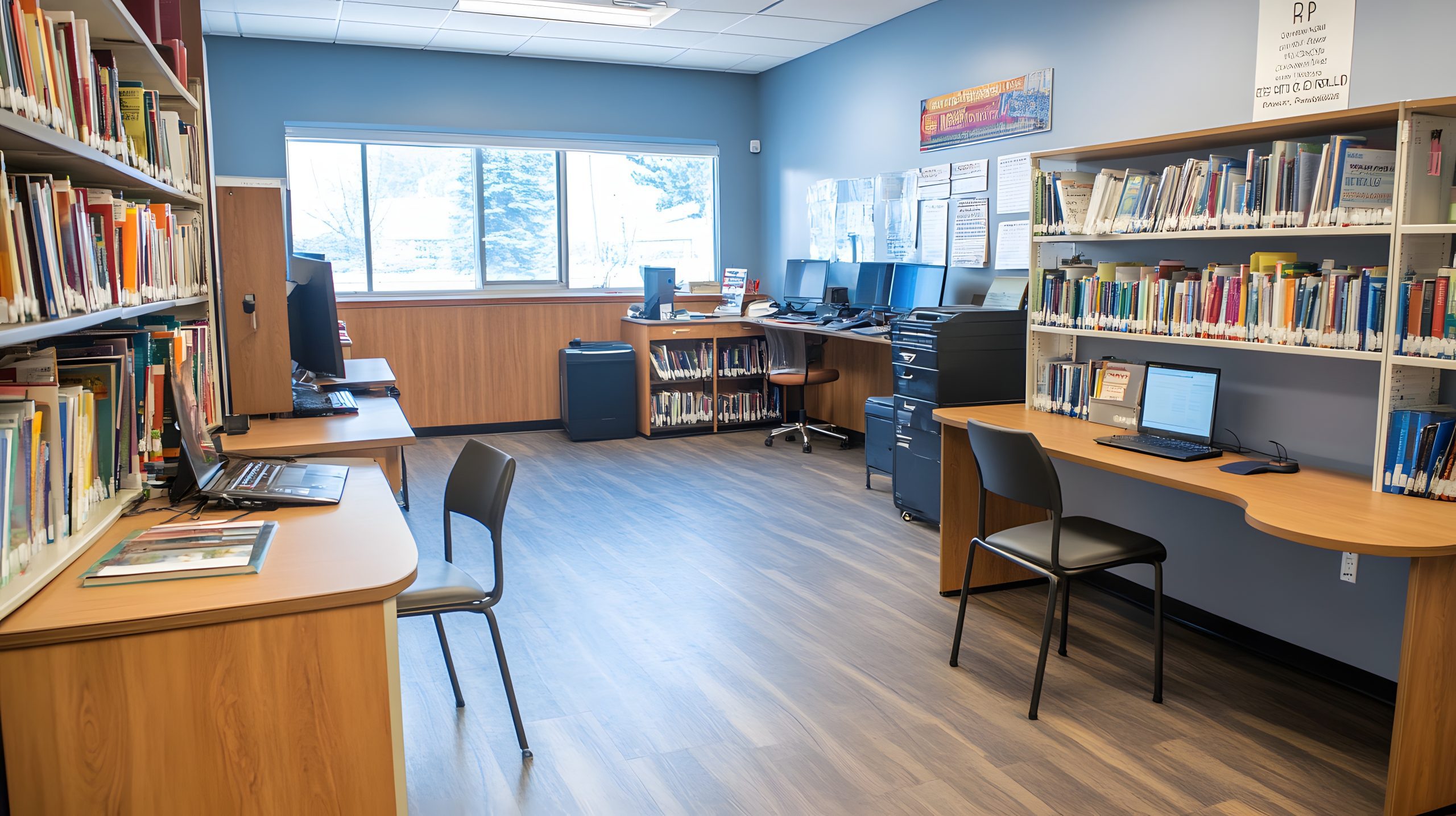 Modern Library Study Room With Computers And Bookshelves