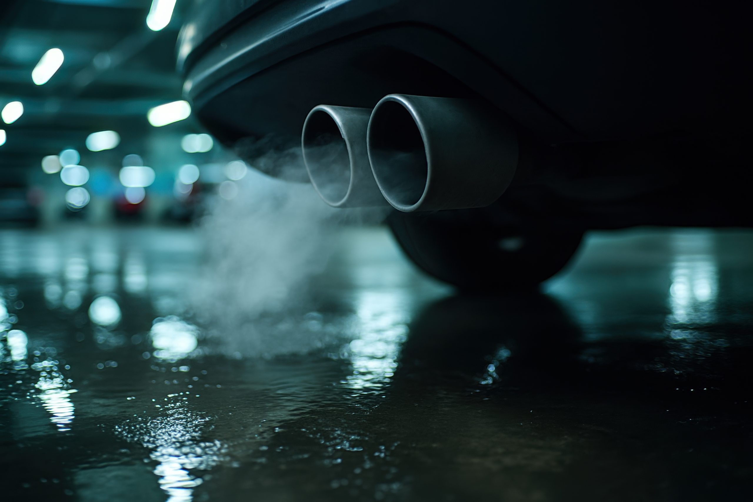 Car Exhaust Emission: A close-up view of a car's exhaust pipe emitting smoke against the backdrop of a dimly lit parking garage, evoking a sense of urban mobility and environmental consideration.